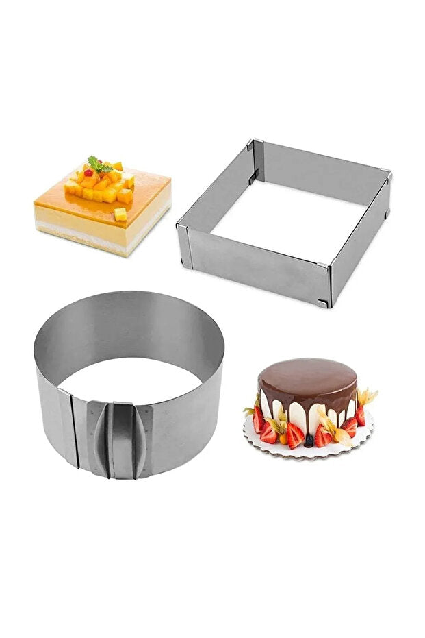 2'li Ayarlanabilir Çelik Pasta & Pandispanya Çemberi Seti (Kare & Yuvarlak - 8cm Derinlik)