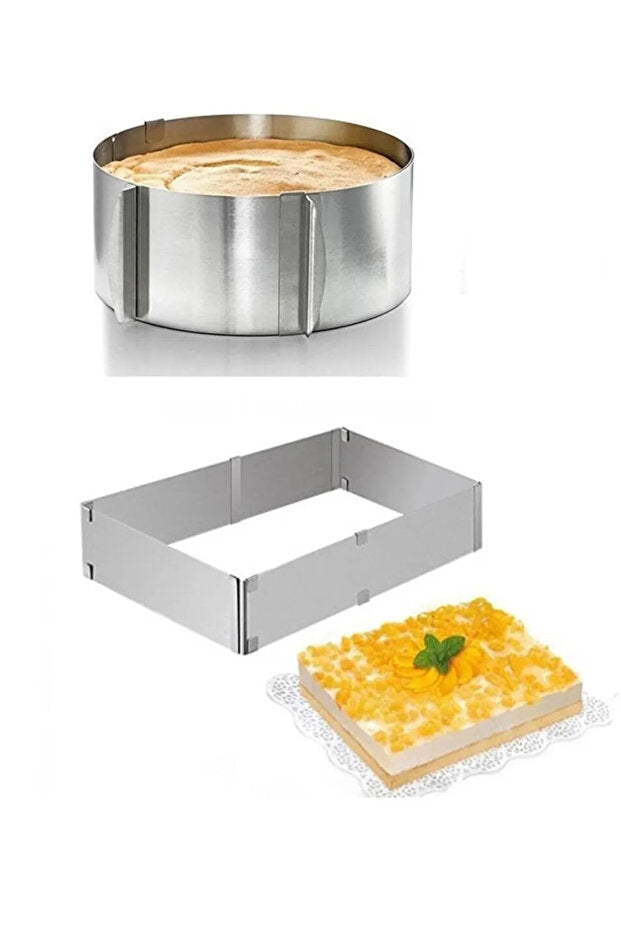 2'li Ayarlanabilir Çelik Pasta & Pandispanya Çemberi Seti (Kare & Yuvarlak - 8cm Derinlik)
